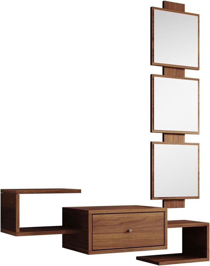 Halmeubel met spiegel en lade hangend entree meubel 99 5 x 145 x 22 cm modern design matte eikennoot ambar melamine afwerking