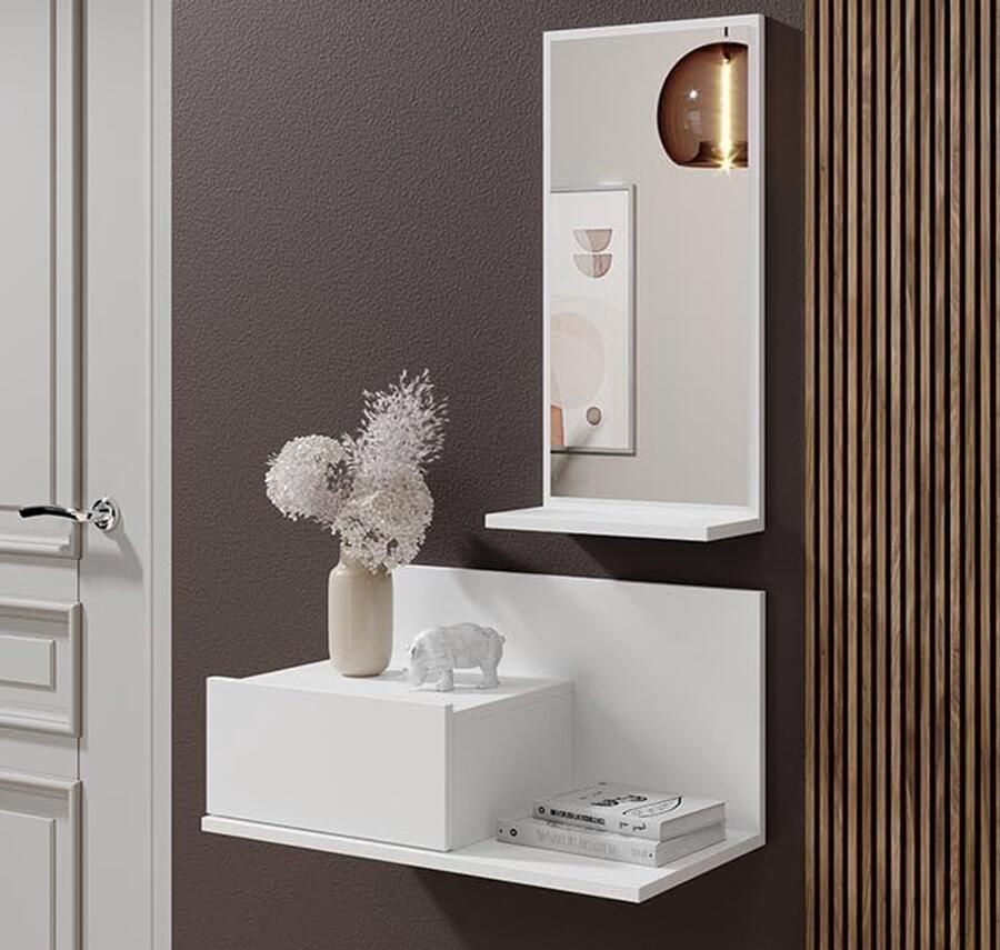 Halmeubel met spiegel en lade hangend entree meubel Isabela 60 x 85 5 x 30 cm melamine afwerking in wit