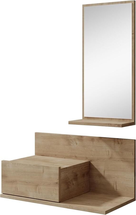 Halmeubel met spiegel en lade hangend entree meubel Isabela 60 x 85 5 x 30 cm melamine afwerking in kleur Safir