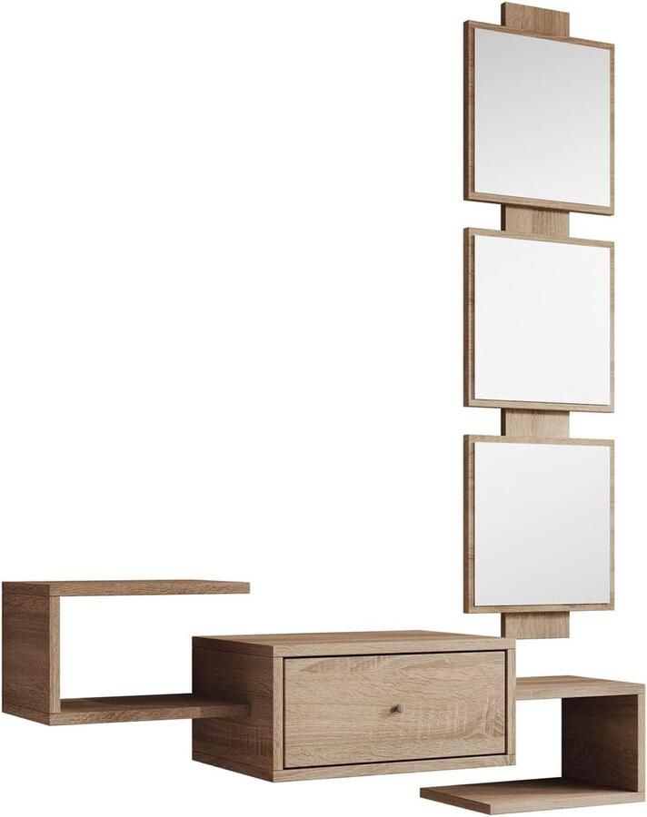 Halmeubel met spiegel en lade hangend entree meubel Neo 99 5 x 145 x 22 cm modern design matte sonoma melamine afwerking