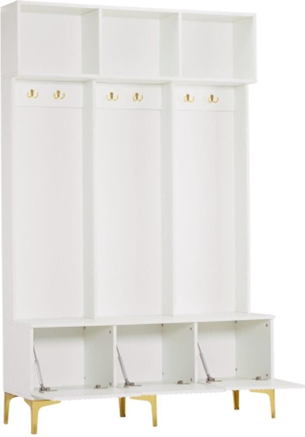Halmeubelset Garderobeset met bank multifunctionele opbergbank open opbergruimte 6 gouden haken en poten geschikt voor hal en woonkamer Wit