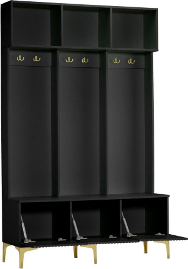 Halmeubelset Garderobeset met bank multifunctionele opbergbank open opbergruimte 6 gouden haken en poten geschikt voor hal en woonkamer zwart