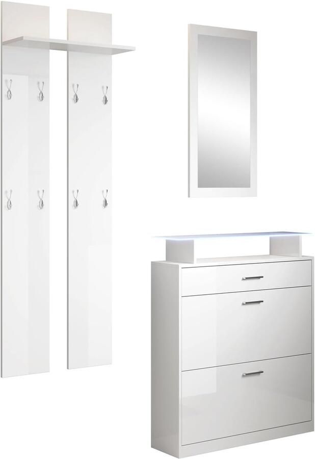 Halmeubelset met Schoenenkast Spiegel en Kapstok met LED Verlichting in Wit