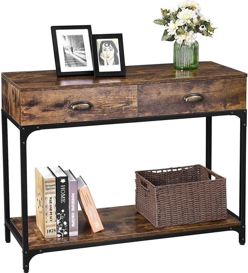 ZAZA Home consoletafel in industrieel design hal tafel met 2 lades en plank dressoir met stevig metalen frame woonkamer gang lobby houtlook vintage LNT39X