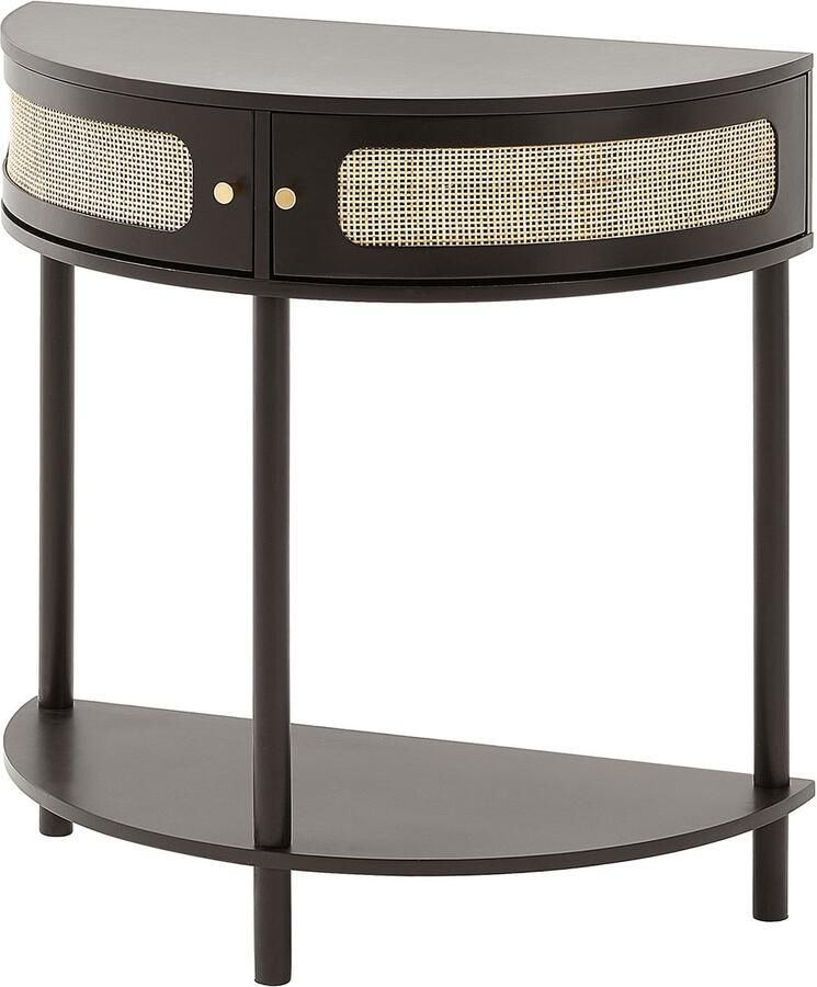 Halve Maanvormige Rotan Consoletafel met 2 Lades Rotan Haltafel met Natuurlijke Rotan Schuifdeur Consoletafel met Opbergruimte voor Woonkamer Hal Of Tv-Wand Zwart