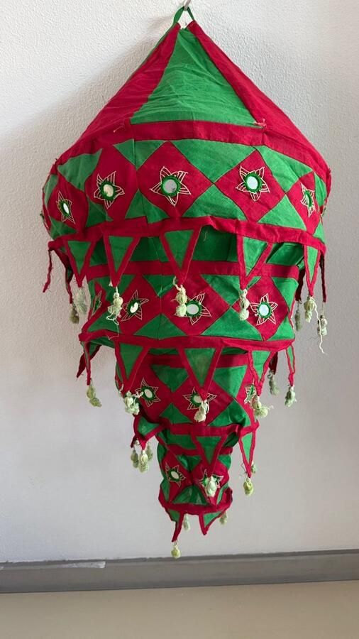 Hand made Traditional Pipli Hanging Cotton Lantern Lamp shade with Embroidered Mirror (LARGE)