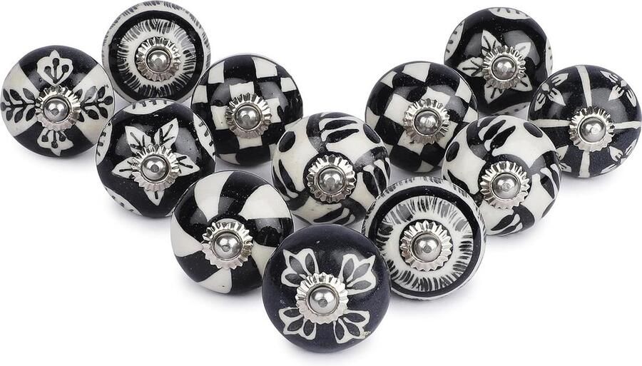 Handbeschilderde keramische knoppen 12 stuks zwart en wit antieke bloemdesign voor kastcommode en meubels