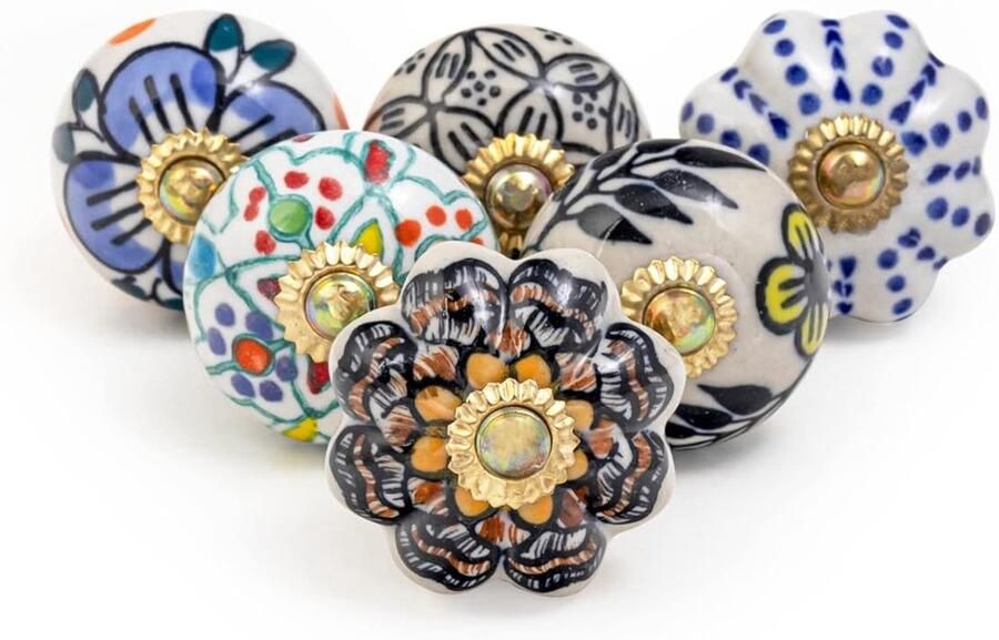 Handbeschilderde keramische knoppen antiek boho stijl verpakking van 6 multicolor