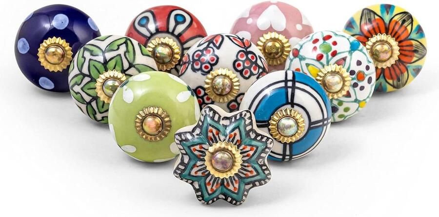 Keramische knoppen voor kast dressoir lade en meubels met de hand beschilderd antiek boho-kasttrekker (multicolor verpakking van 10)