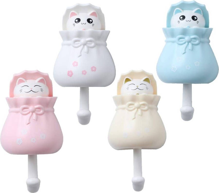 Handdoekhaken Kinderhanddoekhaken Zelfklevende haken Kinderen Decoratieve zelfklevende haken Dierenmuurhaken voor mantel jas handdoek sleutels tassen hoeden wit roze blauw groen 4 stuks kat