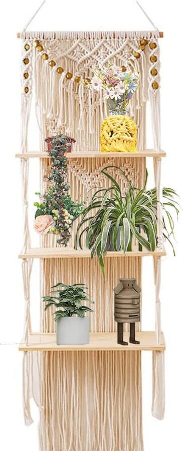 Ibenzoa Macramé wandrek 3 niveaus zwevend rek boekenkast hangrek wanddecoratie houten rek opbergrek badkameropbergrek zwevende plank voor cd's dvd's