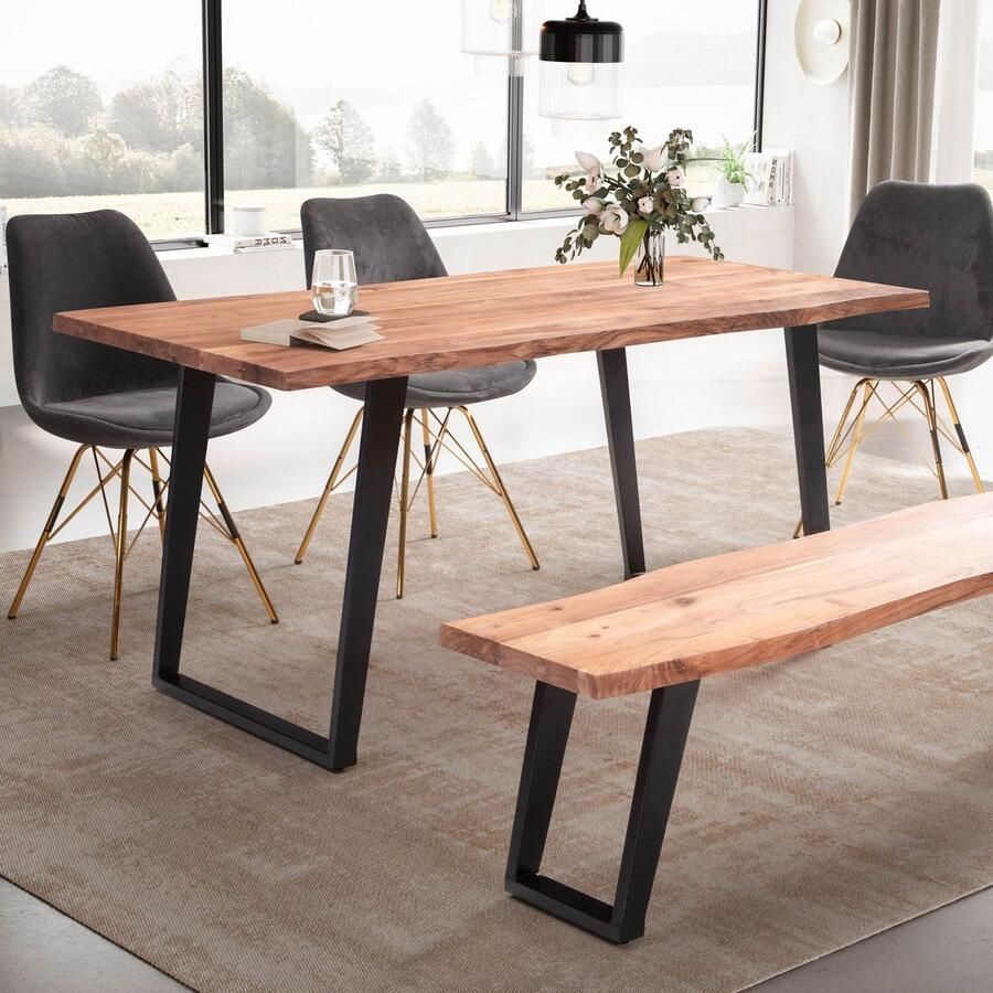 Massief houten eettafel boerderijtafel Live Edge tafel acaciahout U-vormige metalen poten 200 cm x 100 cm x 76 cm