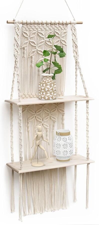 Handgemaakte Boho Wandrek met Natuurlijk Hout en Macramé Kwasten voor Stijlvolle Interieurs