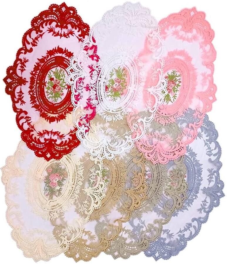 Handgemaakte geborduurde tafellopers set van 4 beige 42 x 28 cm polyester