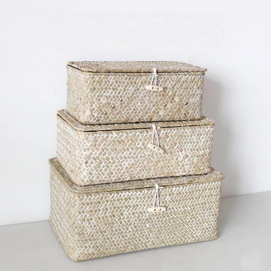 Handgemaakte Geweven Opbergmand met Deksel Rechthoekig Zeegras Set van 3 (Klein Middel Groot)