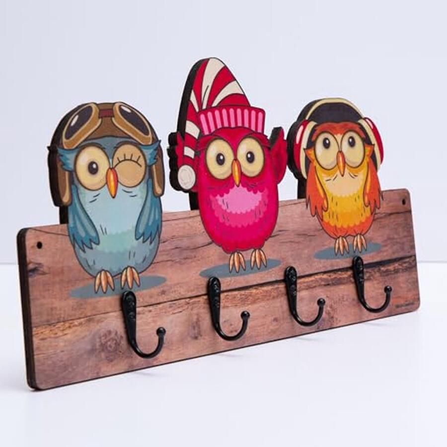 Handgemaakte kinderkapstok met dieren Wandkapstok met 4 metalen haken 39 5x19 5 cm