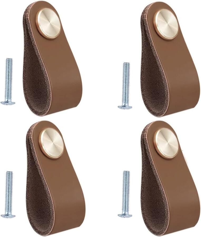 Handgemaakte lederen handgrepen Meubelknoppen voor keukenkasten 4 stuks Bruin Leer 6 x 2 5 cm
