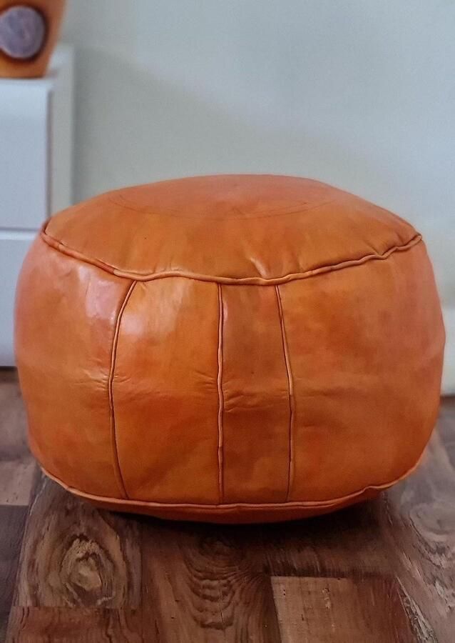 Handgemaakte Marokkaanse echt lederen ronde poef 45 x 35 cm comfortabele zitzak voor volwassenen en kinderen