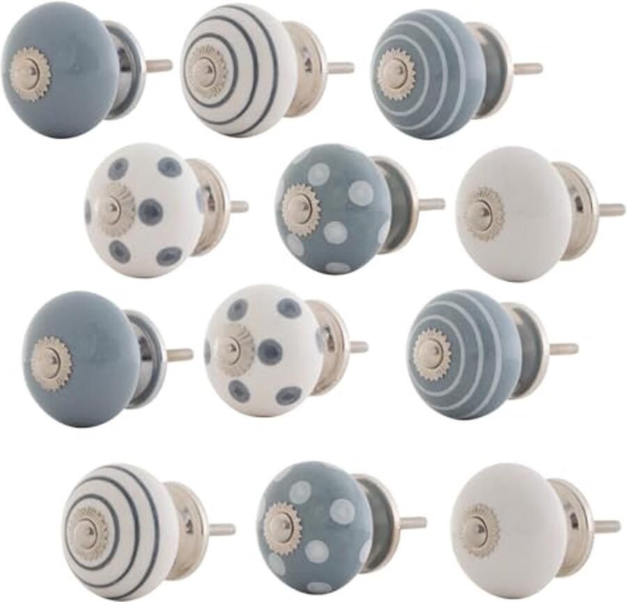 Handgemaakte Multifunctionele Keramische Meubelknoppen in Grijs en Wit Set van 12