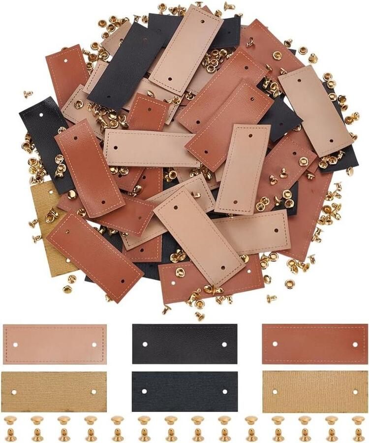 Handgemaakte PU-lederen etiketten set 60 stuks in 3 kleuren Voor kleding Rechthoekige vorm 5 x 2 cm Met klinknagels Van hoogwaardig PU-leer Met gat Handgemaakt Leeg