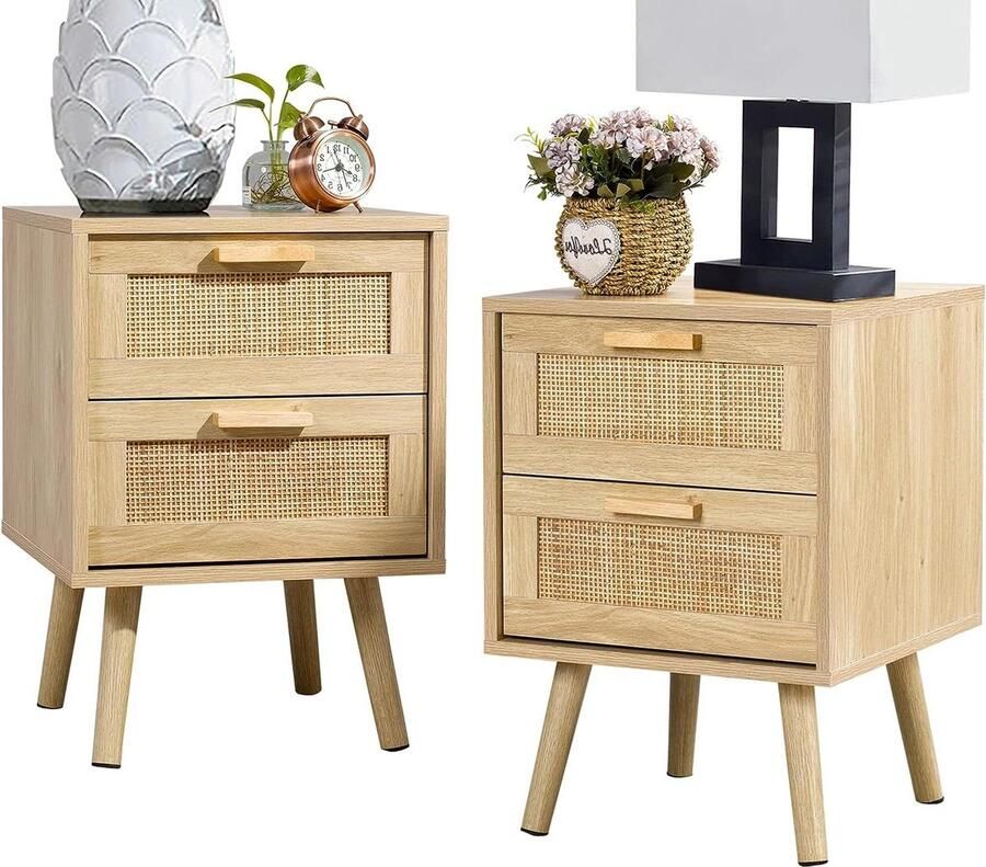 Handgemaakte rotan versierde laden nachtkastje set van 2 opbergruimte slaapkamer natuurlijk hout Bijzettafel