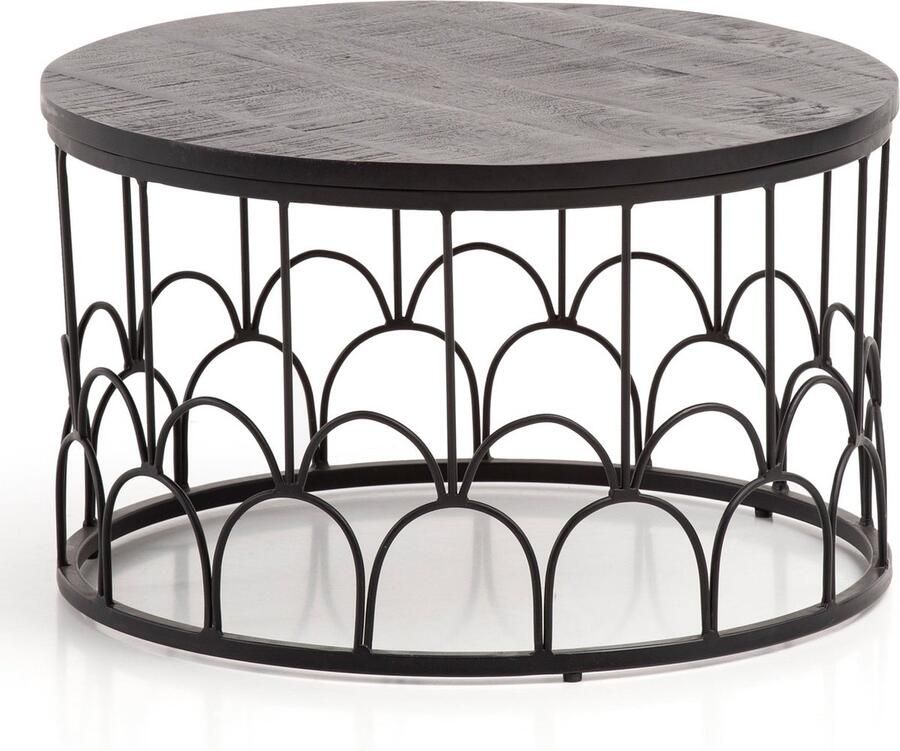 Rootz Living Rootz Handgemaakte Salontafel Industrieel Design Ronde Tafel Natuurlijke houtnerf Handgemaakt 60cm x 60cm x 36cm Mango massief hout Gepoedercoat ijzer Zwart Uniek stuk Vloerbeschermers 15kg laadvermogen