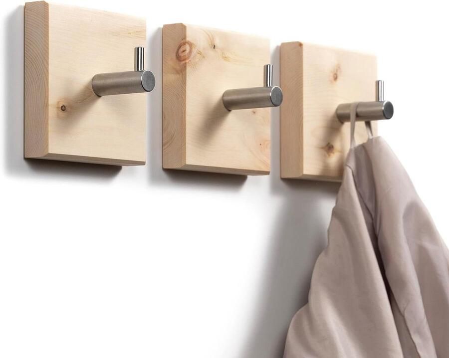 Handgemaakte vierkante garderobehaken van arvenhout 3 stuks dennenhouten handdoekhouders met roestvrijstalen haken