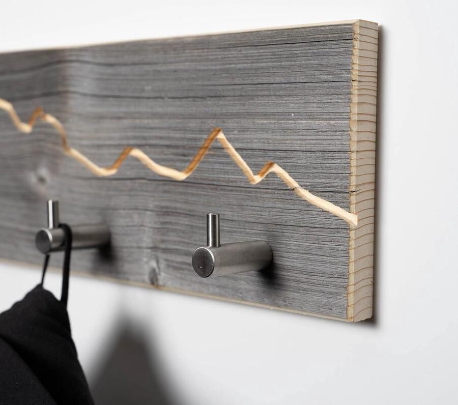 Handgemaakte Wandkapstok van Gerecycled Hout met Bergenmotief en Roestvrijstalen Haken