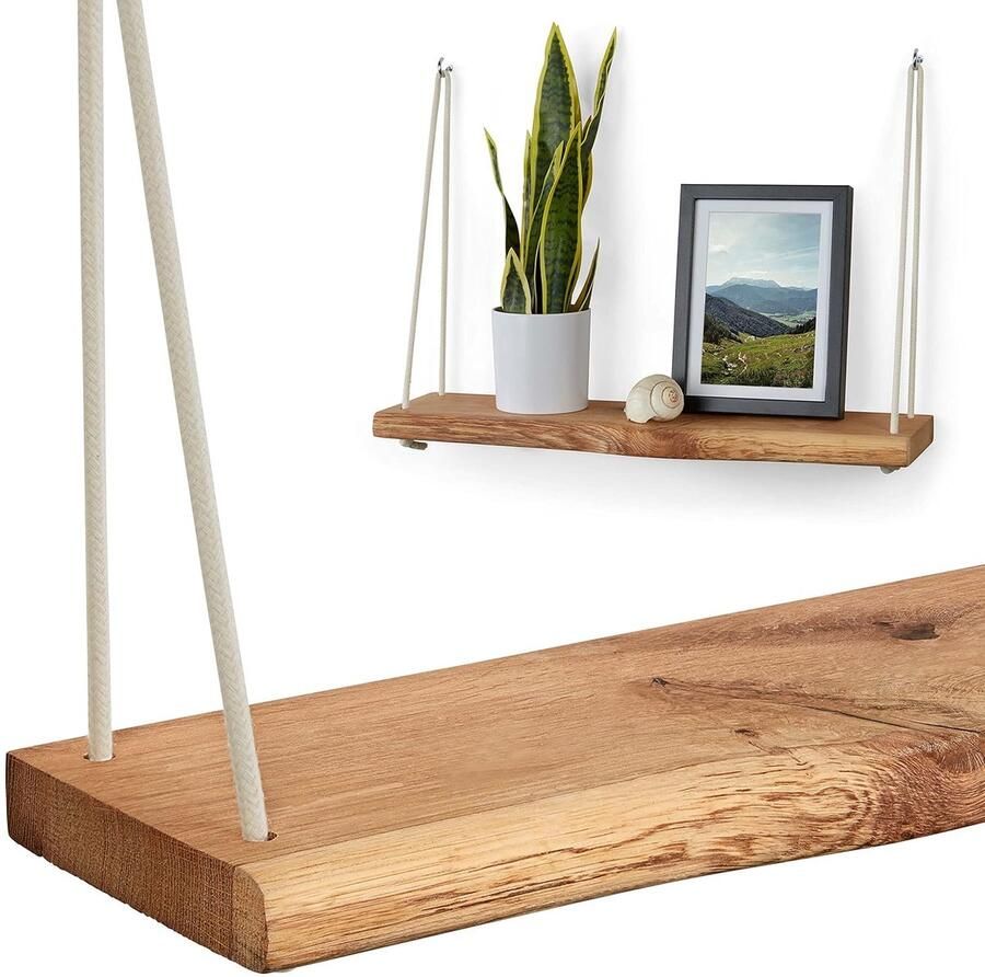 Handgemaakte wandplank Eikenhout 1 stuk Crèmewit touw