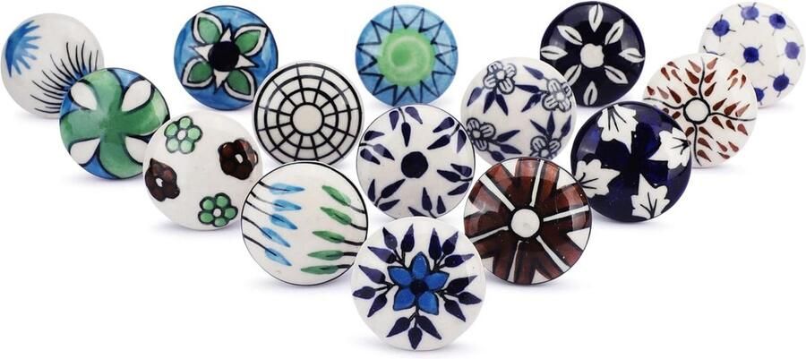 Handgemaakte witte en blauwe keramische kastknoppen decoratieve meubelgrepen voor keukenkasten en laden antiek set van 15