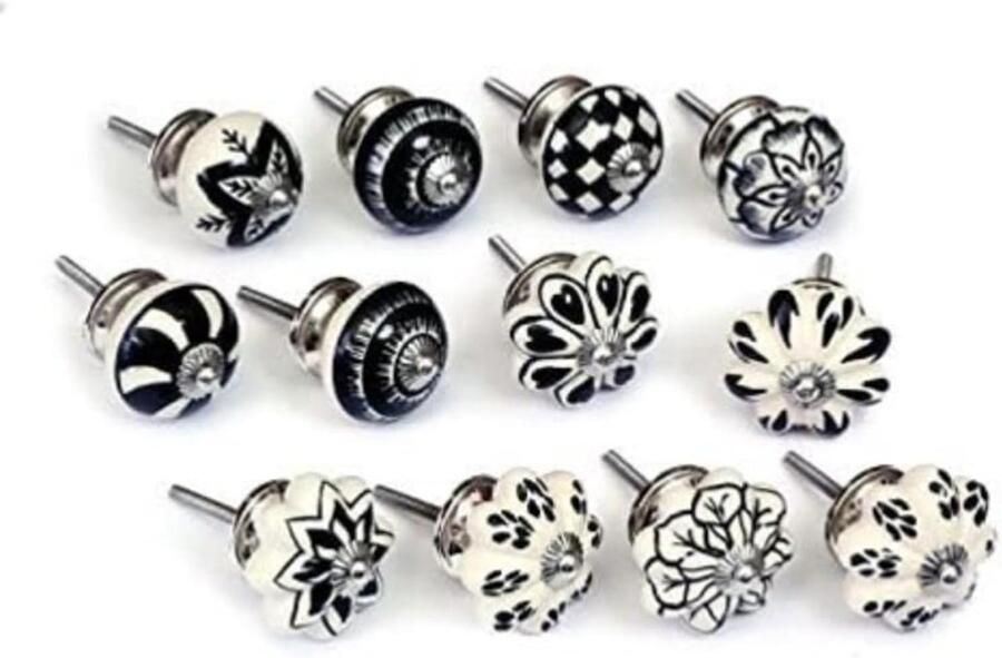 Handgeschilderde keramische knoppen Klassiek ontwerp 12 stuks Zwart-wit 40 mm