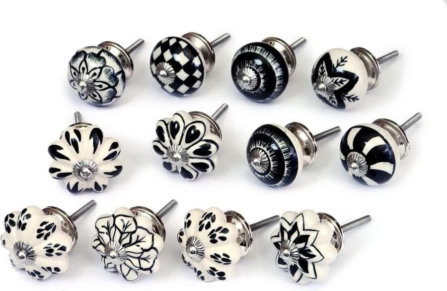 Handgeschilderde zwarte witte keramische knoppen set van 12 handvaten voor kasten laden dressoirs klassiek design 40 mm diameter