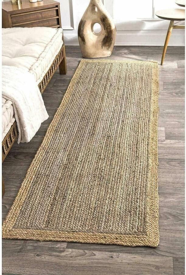 Handgevlochten Jute Tapijt Grijs Beige voor Hal Rechthoekig 75 x 360 cm