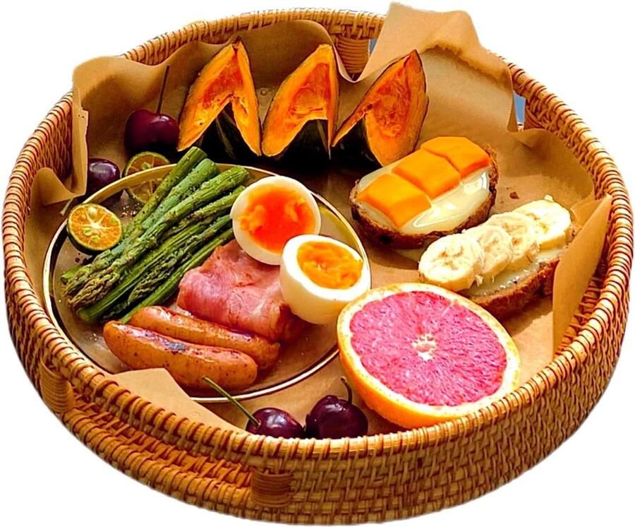 Handgevlochten rotan dienblad decoratief dienblad met handgrepen ontbijt dranken snacks kaarsen salontafel 30 x 30 x 5 cm