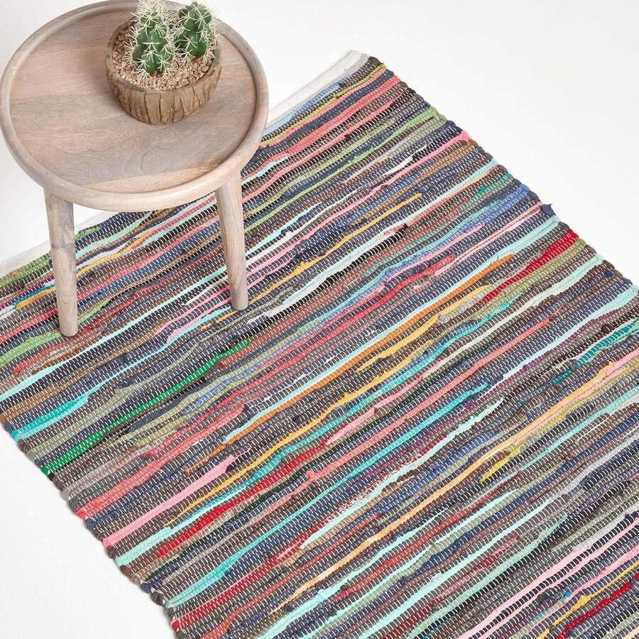 Handgeweven Chindi vloerkleed van 100% gerecycled katoen 150cm x 240cm Patchwork design met kleurrijke strepen vloerkleed