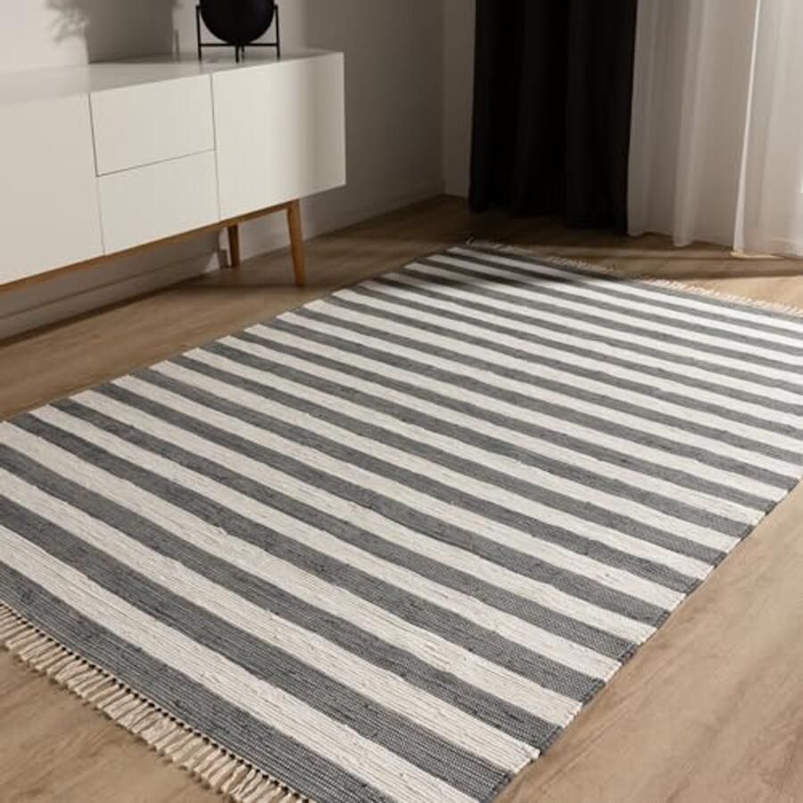 Handgeweven Grijs Crème Katoenen Vloerkleed 80x150 cm Duurzaam en Geschikt voor Vloerverwarming