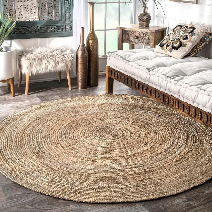 Handgeweven jute vloerkleed natuurlijk 122 cm rond
