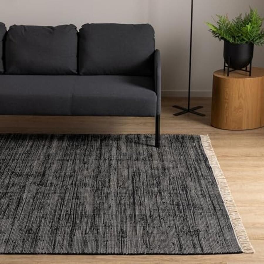 Handgeweven Katoenen Tapijt 200x300 cm Zwart Trendy en Duurzaam voor Woonkamers Slaapkamers en Keukens