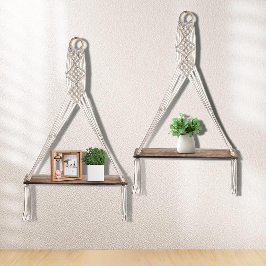 Wandplanken houten macramé handgeweven zwevende plank boho wanddecoratie set van 2 planken met kwastjes natuurlijk drijfhout woonkamer