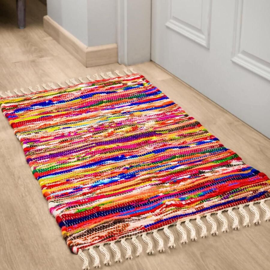 Handgeweven Mini Chindi Tapijt Boho Style Geschikt voor woonkamer en slaapkamer Multicolor Katoen 60x90 cm