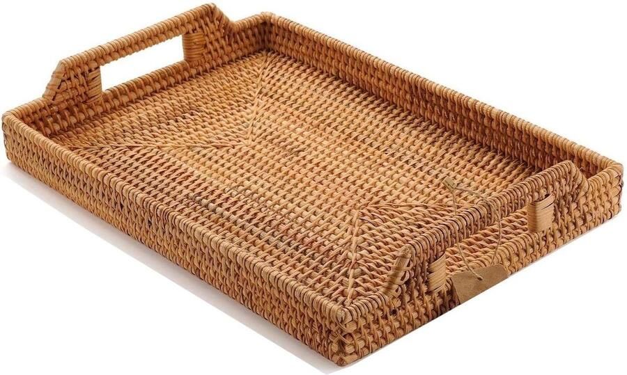 Handgeweven rotan dienblad voor ontbijt drankjes snacks eetkamer salontafel 17 inch rechthoekig