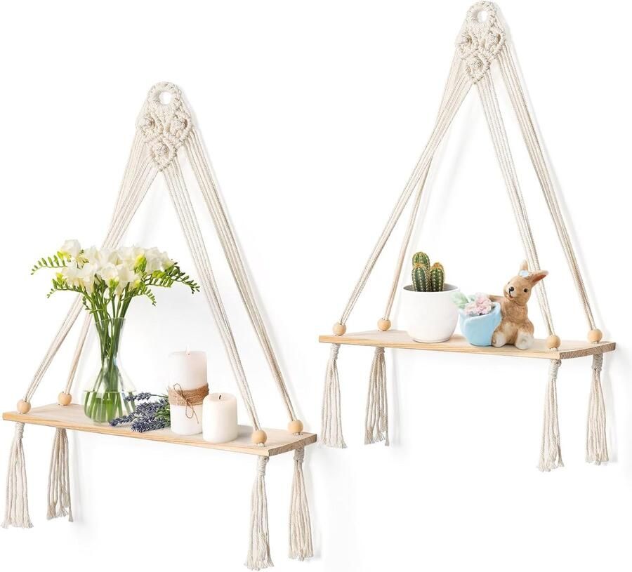 Handgeweven Wandrek Boho Decoratie voor Planten 2 Stuks Hout