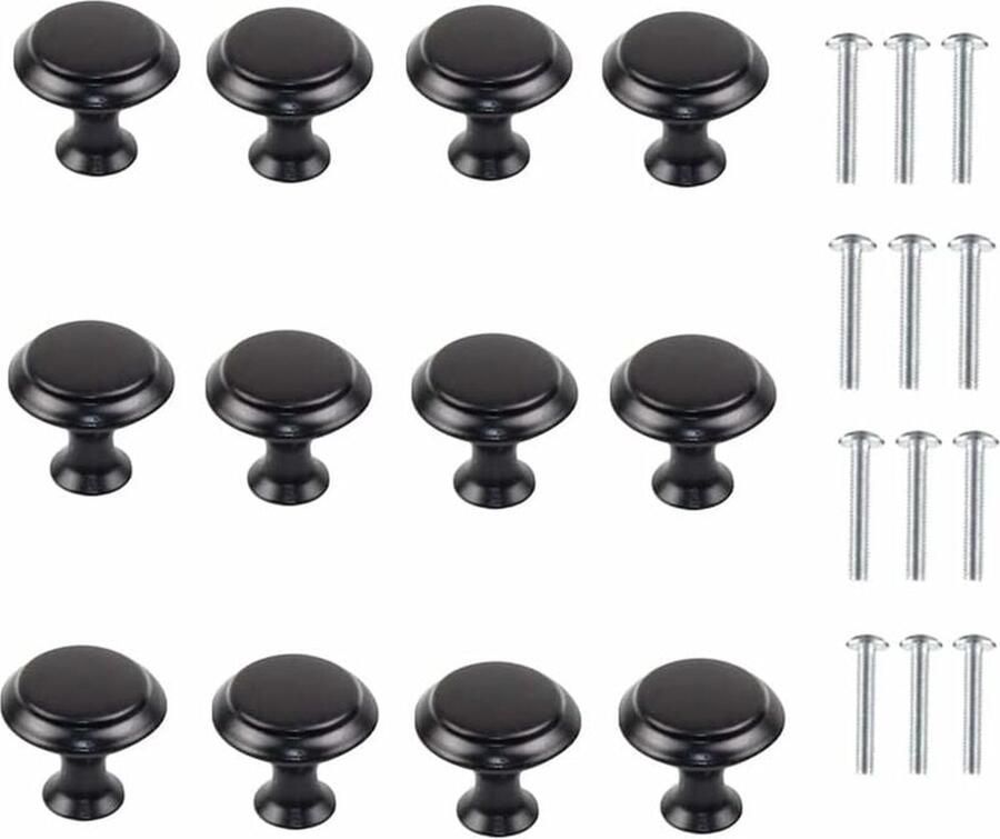 Handgrepen Knoppen 12 stuks Meubelgreep Kastdeurknoppen RVS zwart Ø 27 mm Ronde Paddestoelvormige met schroeven voor Keuken Kast Lade Slaapkamer Badkamer