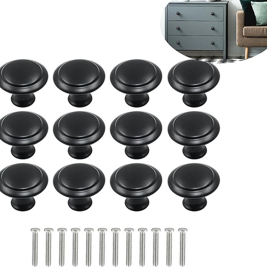 Handgrepen Knoppen-12 stuks-Meubelgreep-Kastdeurknoppen-RVS -Zwart-Ø 27mm-Ronde Paddestoelvormige-Met schroeven Voor Keuken Kast Lade Slaapkamer Badkamer-Kastknop-Meubelknop Deurknoppen voor kasten-Meubelbeslag-Deurknopjes Meubelknoppen