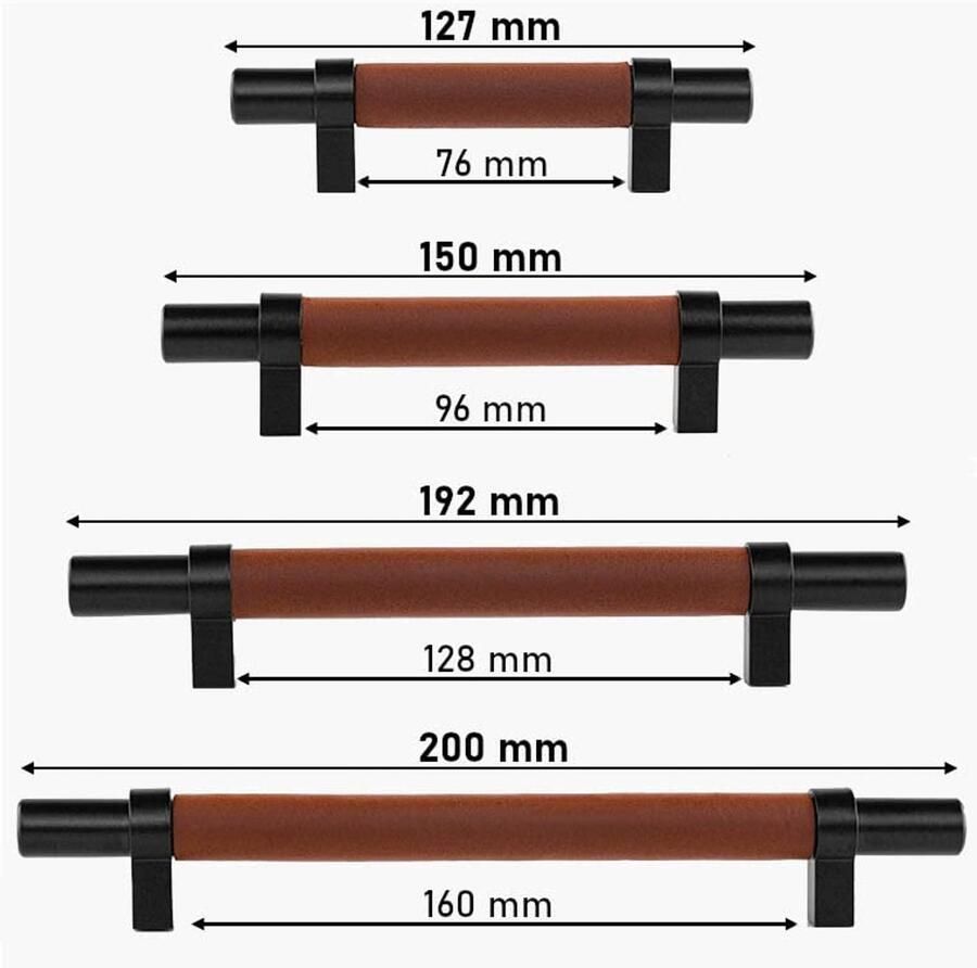 Meubelgrepen van staal en volnerfleer 128 mm zwart & bruin 8 stuks