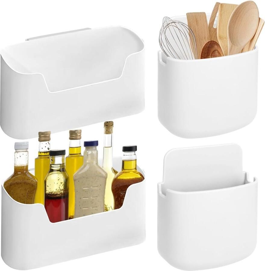 Handige Set van 4 Muurbevestigde Opbergdozen voor Keuken en Badkamer Zelfklevend Ontwerp