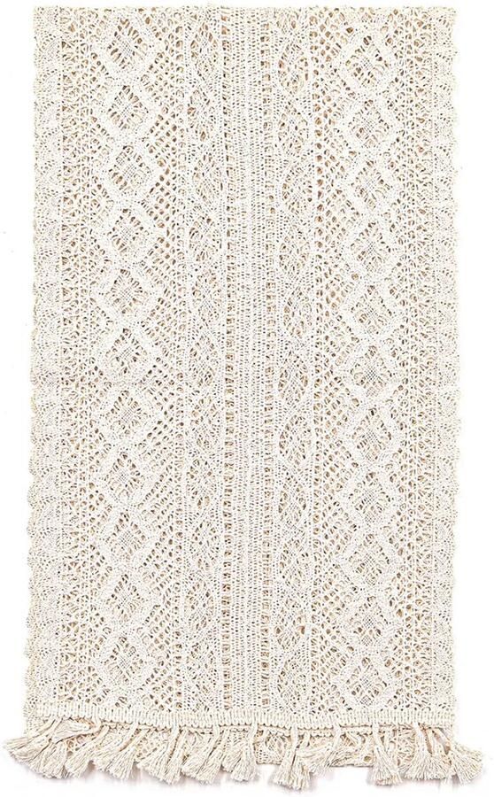 Handwoven Table Runner with Long Tassels 24 X 180 cm Boho Table Runner for Boho Decoration Wedding Dining Table Decor (Beige White)