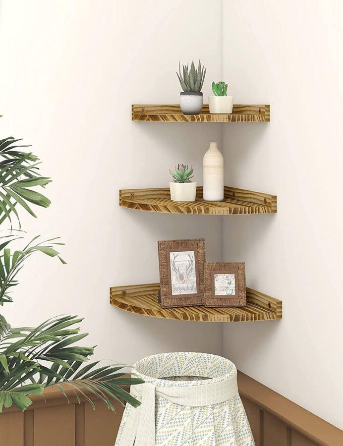 Hangend Houten hoekrek 3-delige set vintage zwevende planken rustieke hoekplanken voor aan de muur boekenrek met rond uiteinde zwevend rek voor badkamer keuken slaapkamer woonkamer