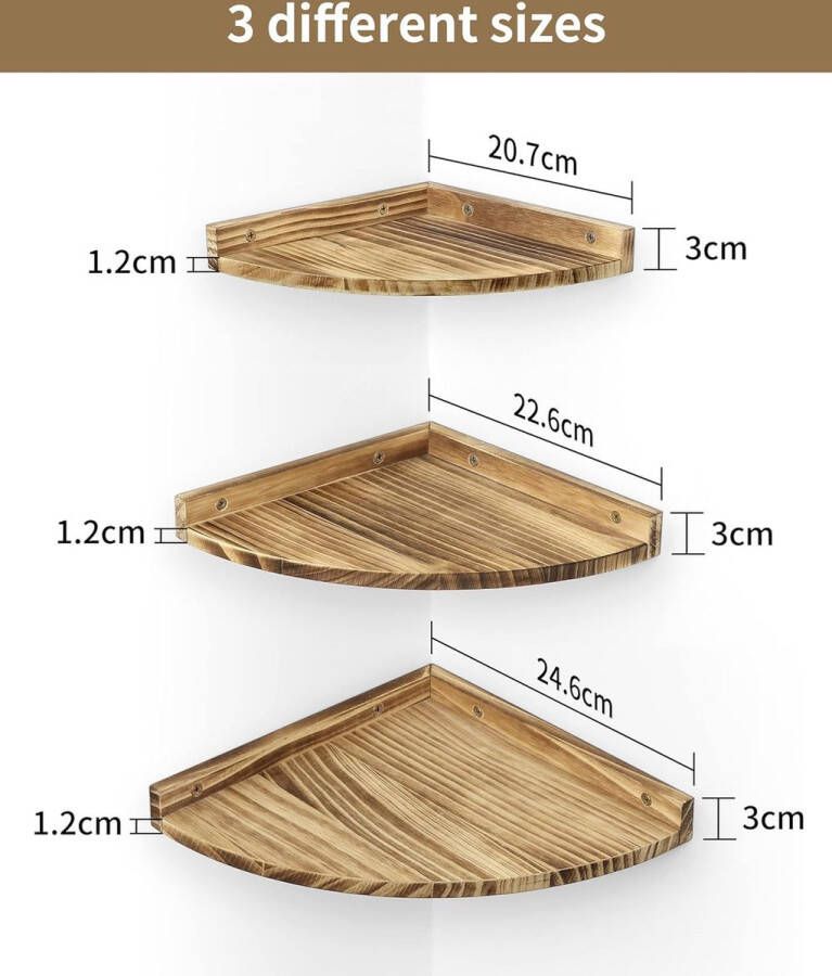 Hangend Houten hoekrek 3-delige set vintage zwevende planken rustieke hoekplanken voor aan de muur boekenrek met rond uiteinde zwevend rek voor badkamer keuken slaapkamer woonkamer