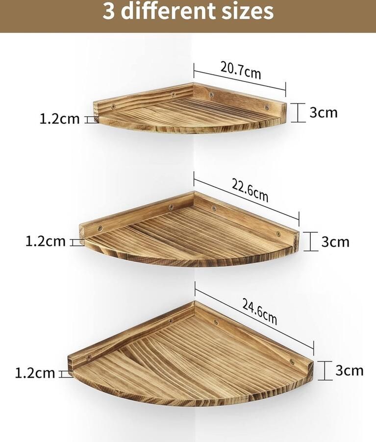 Hangend Houten hoekrek 3-delige set vintage zwevende planken rustieke hoekplanken voor aan de muur boekenrek met rond uiteinde zwevend rek voor badkamer keuken slaapkamer woonkamer